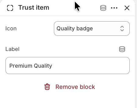 Footer trust item block settings in the theme editor.