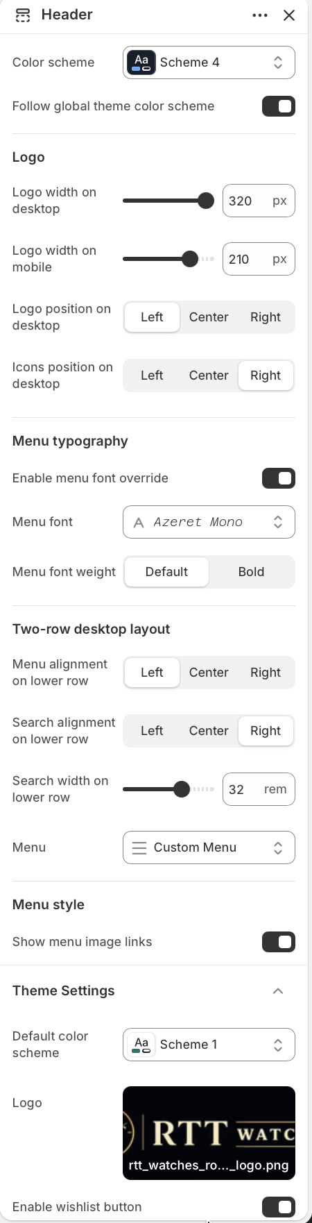 Expanded Kronox header configuration panel in the theme editor.