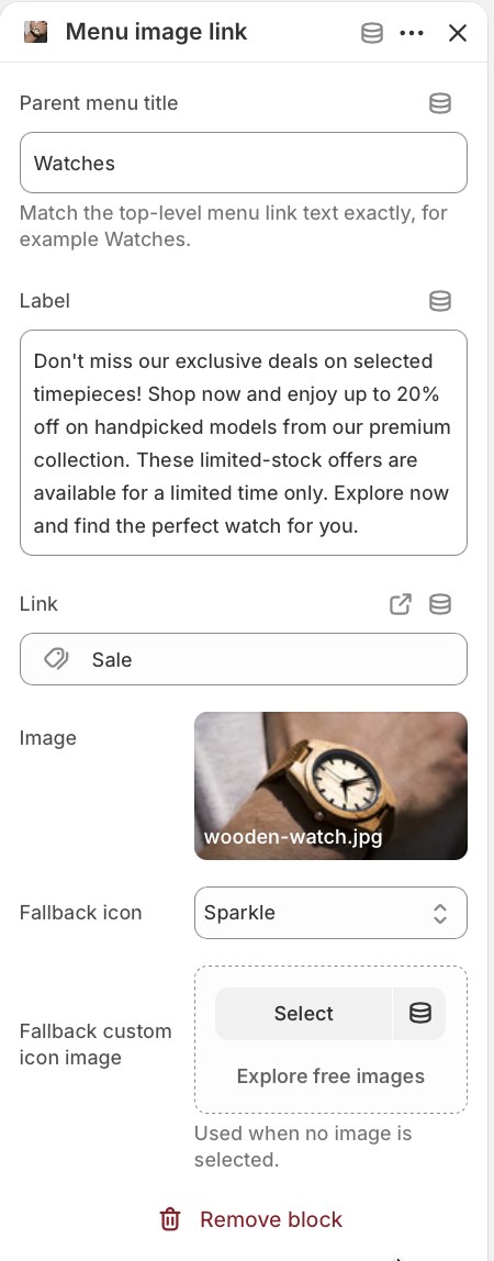 Header dropdown showing menu image links beside submenu navigation.