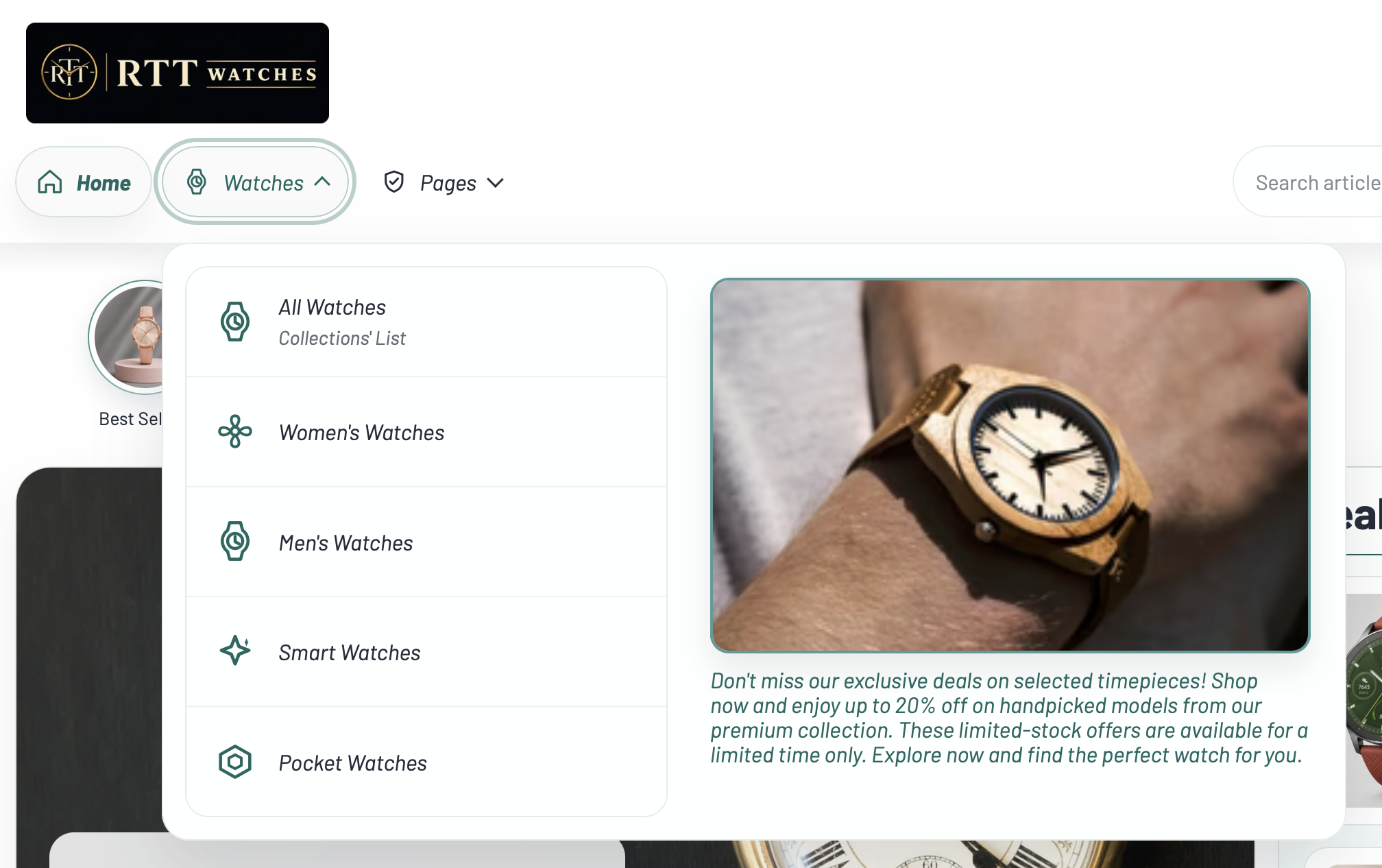 Header menu dropdown with menu item icons in the storefront.