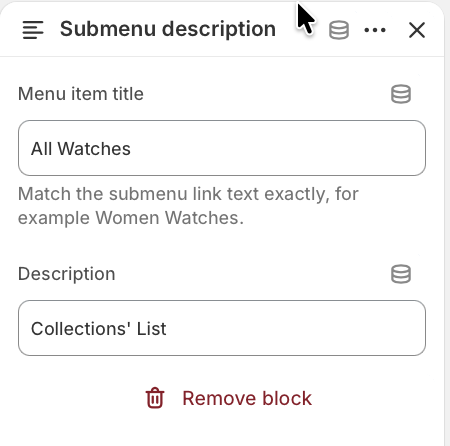 Header submenu dropdown showing helper descriptions below menu links.