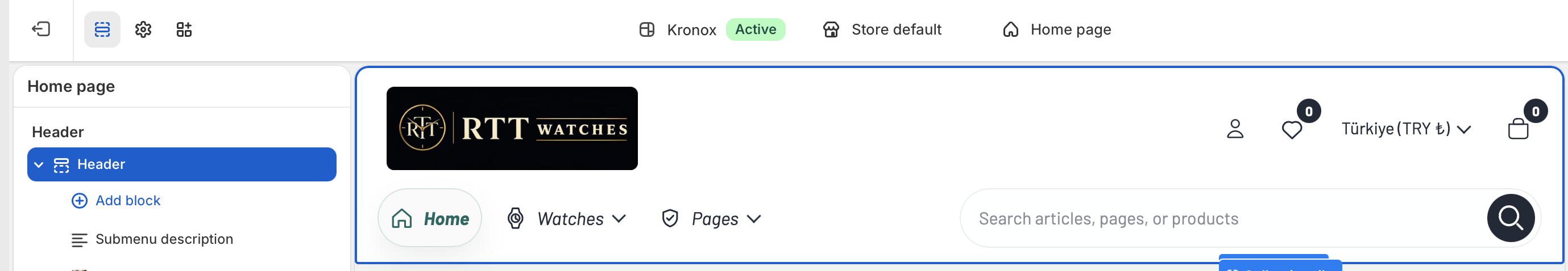 Kronox header preview in the theme editor.