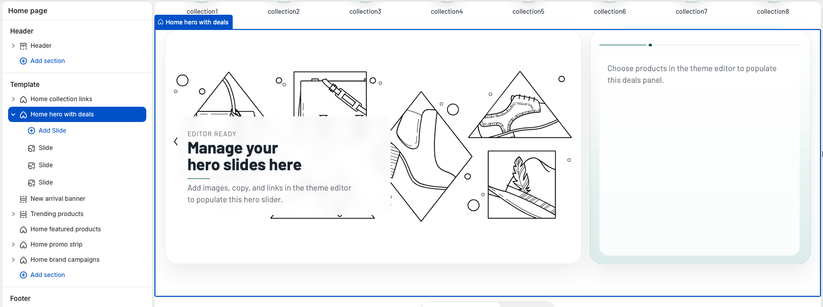 Storefront preview of the Home hero with deals section with a large slider on the left and discounted products on the right.