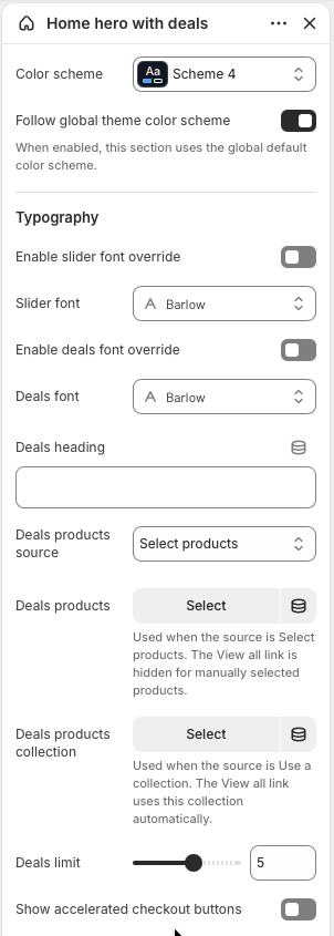 Theme editor sidebar showing the Home hero with deals section and Slide blocks.