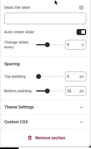 Theme editor settings for Home hero with deals showing deals source, slider timing, and spacing controls.