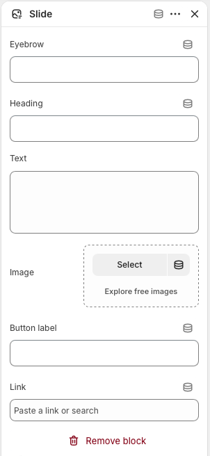 Theme editor settings for one Slide block in the Home hero with deals section.