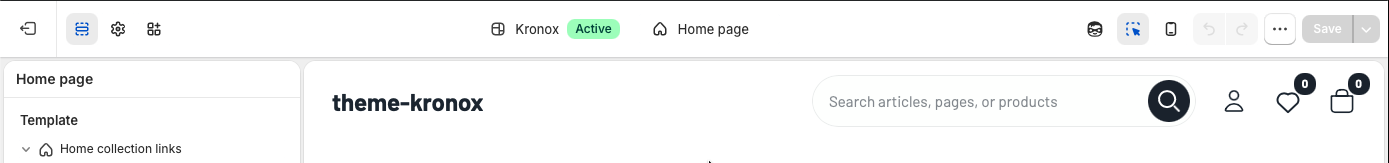 Shopify theme editor top bar showing the Kronox theme active on the Home page.