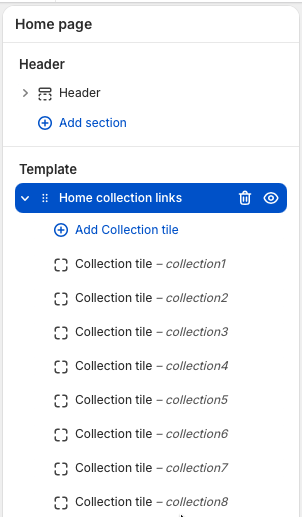 Theme editor sidebar showing the Home collection links section with Collection tile blocks.
