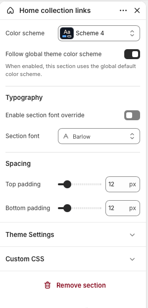 Theme editor settings for Home collection links showing color scheme, typography, and spacing controls.