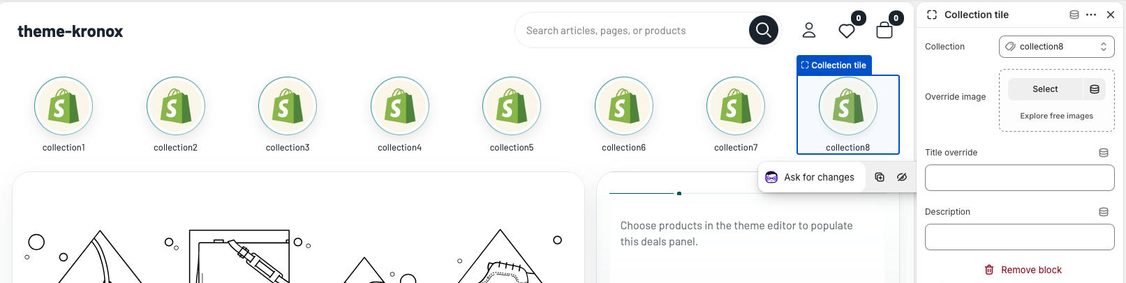 Theme editor preview showing a selected Collection tile and its collection settings.