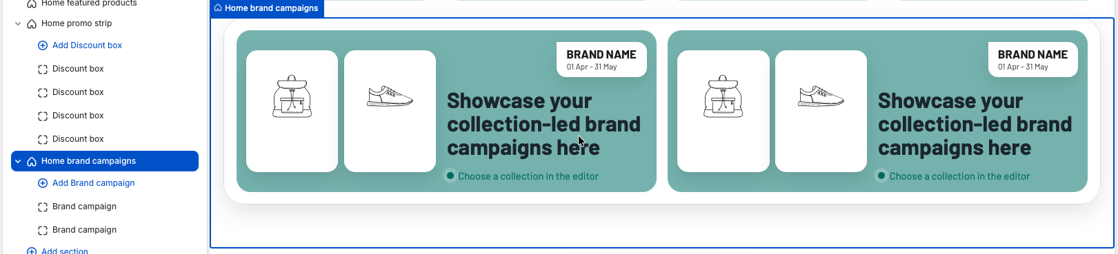 Theme editor preview of the Home brand campaigns section showing two horizontal campaign cards.