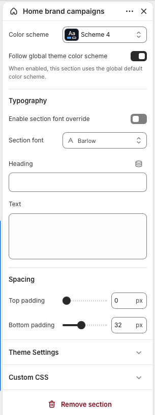 Theme editor settings for Home brand campaigns showing color scheme, typography, heading, text, and spacing controls.