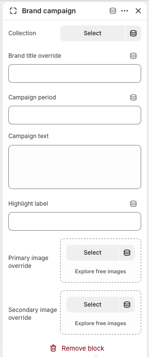 Theme editor settings for a Home brand campaigns Brand campaign block showing collection, title, period, text, highlight label, and image override controls.