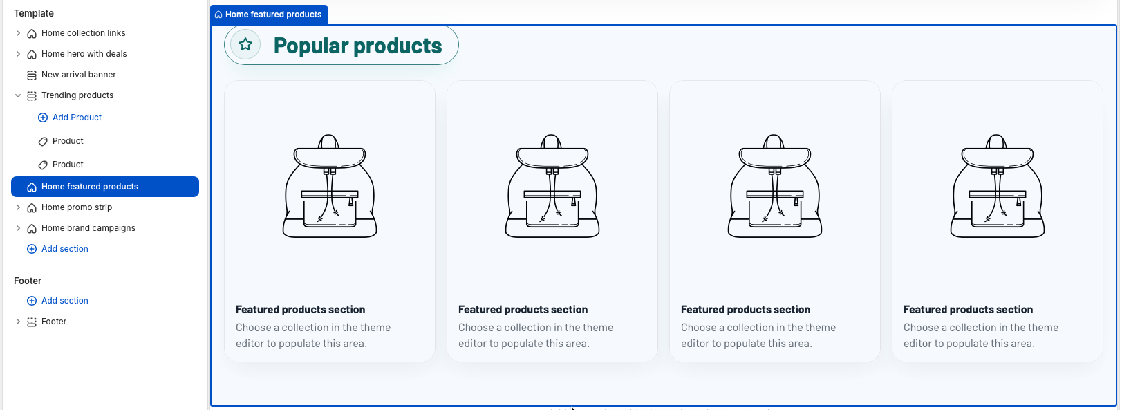 Theme editor preview of the Home featured products section showing a heading and four placeholder product cards in one horizontal row.