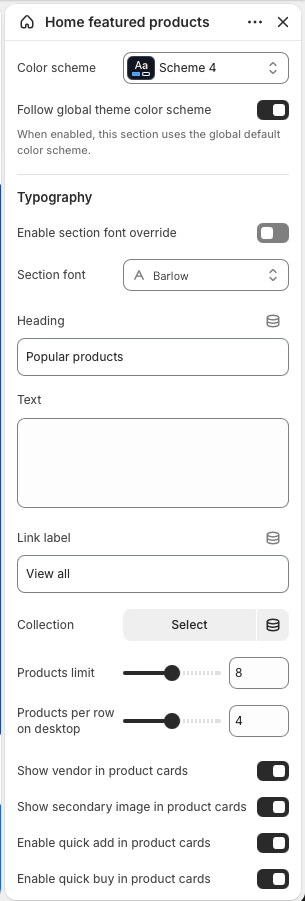 Theme editor settings for Home featured products showing color, typography, collection, product count, desktop columns, and product card options.