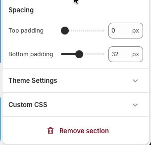 Theme editor settings for Home featured products showing top padding, bottom padding, theme settings, custom CSS, and remove section controls.