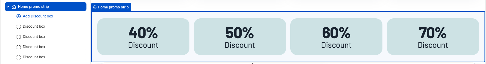 Theme editor preview of the Home promo strip section showing four discount boxes in one horizontal row.