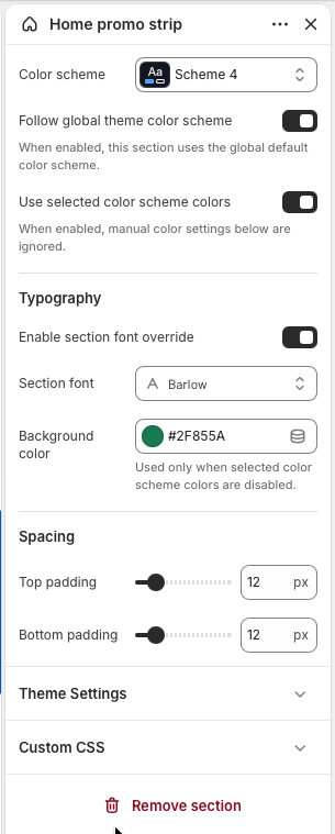 Theme editor settings for Home promo strip showing color scheme, color source, typography, background color, and spacing controls.