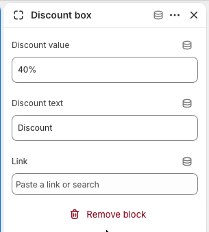Theme editor settings for a Home promo strip Discount box block showing discount value, discount text, and link controls.