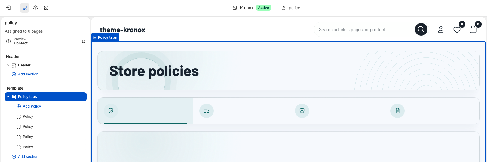 Theme editor preview showing the policy page with the Policy tabs section selected.