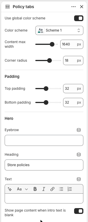 Policy tabs section settings for color scheme, content width, corner radius, padding, and hero text.