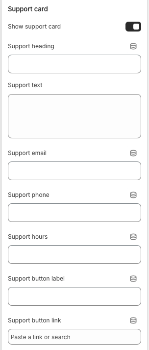 Policy tabs support card settings for heading, text, email, phone, hours, and button link.