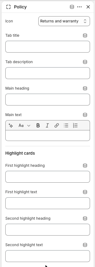 Policy block settings for icon, tab title, tab description, main heading, main text, and highlight cards.
