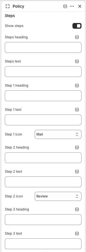 Policy block step settings with show steps toggle and fields for step headings, text, and icons.
