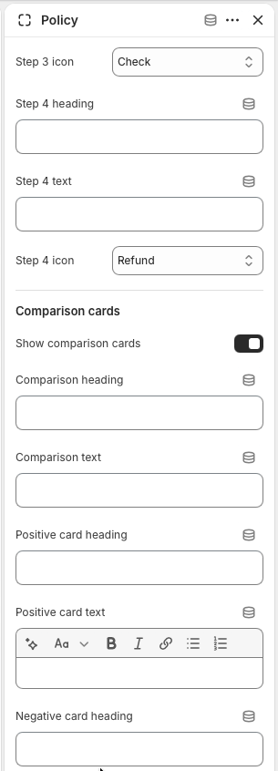 Policy block comparison card settings for headings and rich text content.