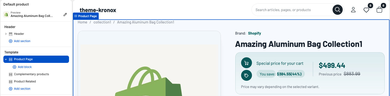 Shopify theme editor preview showing the Product Page section on the default product template.