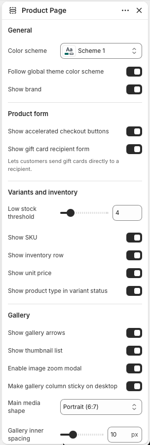 Theme editor settings for the Product Page section showing general, product form, inventory, and gallery controls.