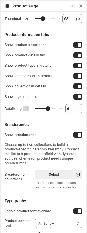 Theme editor settings for Product Page information tabs, breadcrumbs, and typography.