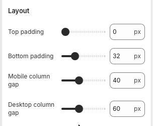 Theme editor layout settings for the Product Page section showing padding and column gap controls.