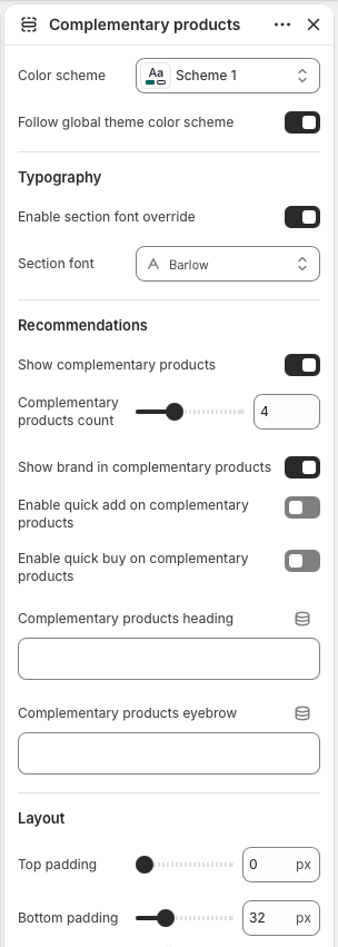 Theme editor settings for the Complementary products section.