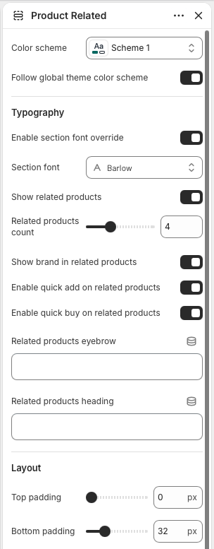 Theme editor settings for the Product Related section.