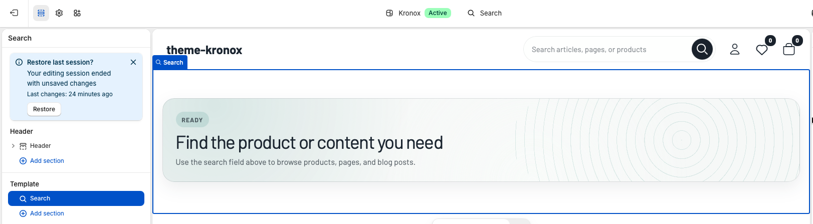 Shopify theme editor showing the Search template with the Search section selected.