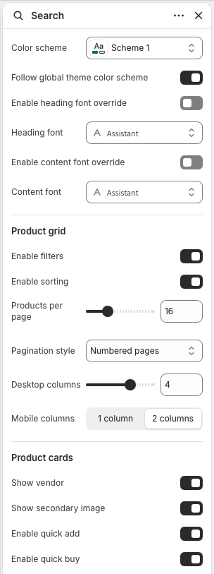 Theme editor settings for Search color scheme, typography, product grid, pagination, and product cards.