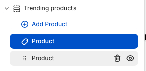 Theme editor Product block setting showing the product picker before a product is selected.
