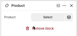 Theme editor Product block setting showing a selected product.