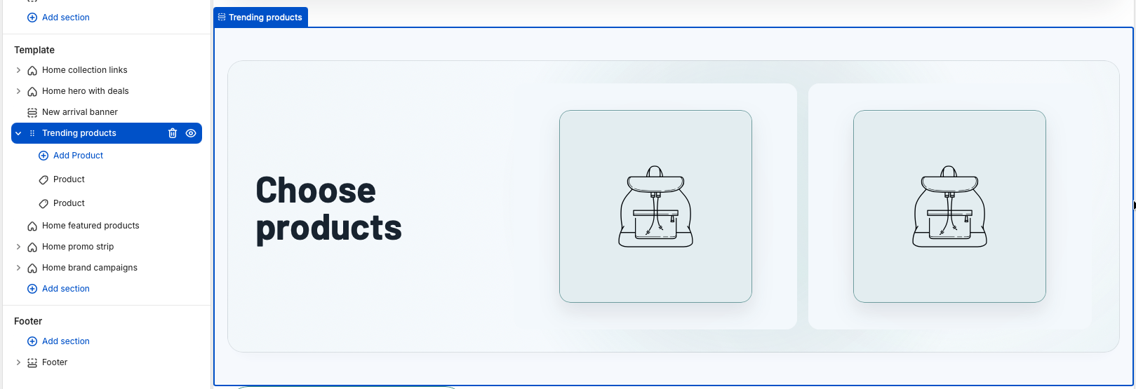 Storefront preview of the Trending products section with promotional text and selected product images.