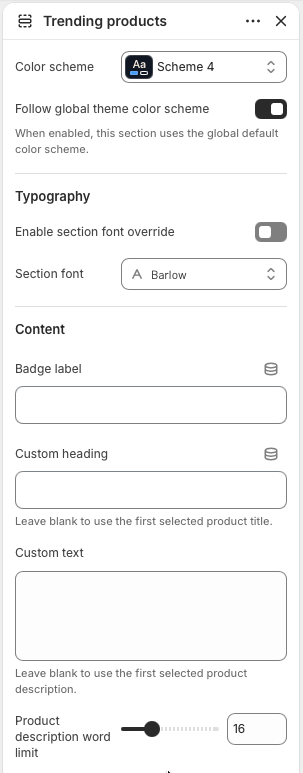 Theme editor settings for the Trending products section.