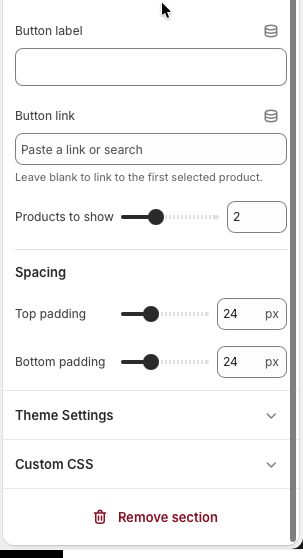 Theme editor settings for a Product block in the Trending products section.